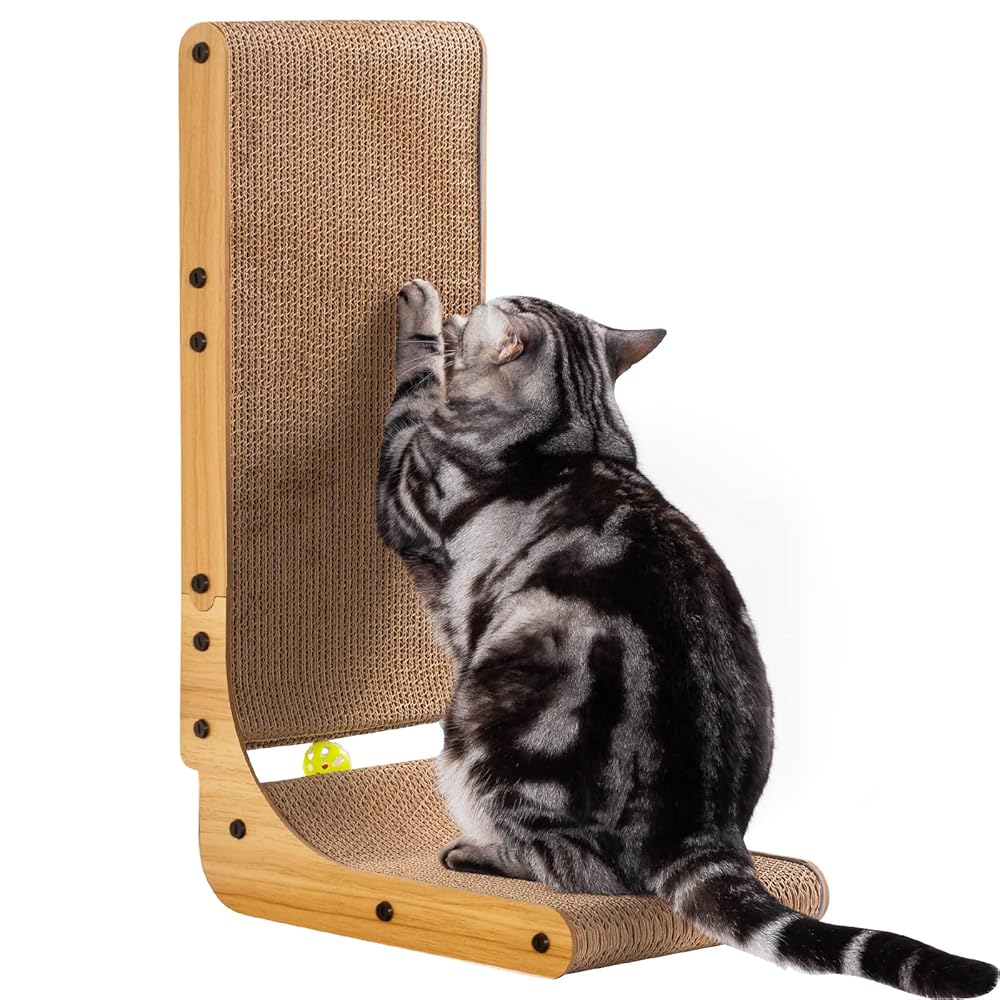 L-Form Cat Scratcher for Infants, 26.8-Inch Indoor Cat Scratch Pad, Furnishings Protector, Cardboard Scratching Submit with Ball Toy and Catnip, Massive Dimension